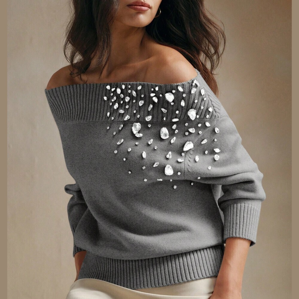Gray Rhinestone Embellished Off Shoulder Ribbed Knit Sweater - Picture 3 of 11